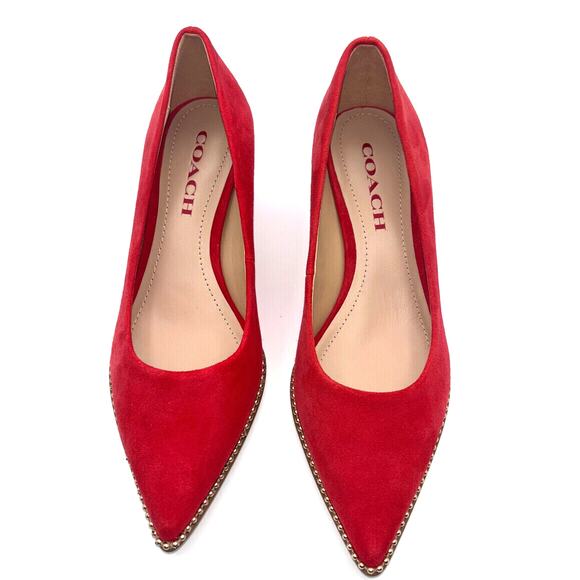 Coach Jackie Red Suede Pump 6.5 Gold Trim Elegant Chic Party Heels Holiday Shoes - Picture 2 of 11